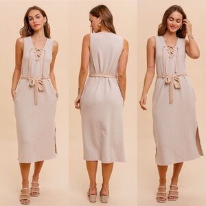 Khaki beige lace up pocketed belted cotton boho bohemian maxi dress